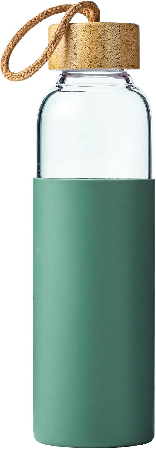 21oz Glass Water Bottle with Silicone Sleeve & Bamboo Lid, BPA Free Reusable Water Bottle Glass for Gym Office Travel, Gift for Fitness Enthusiasts (Green)