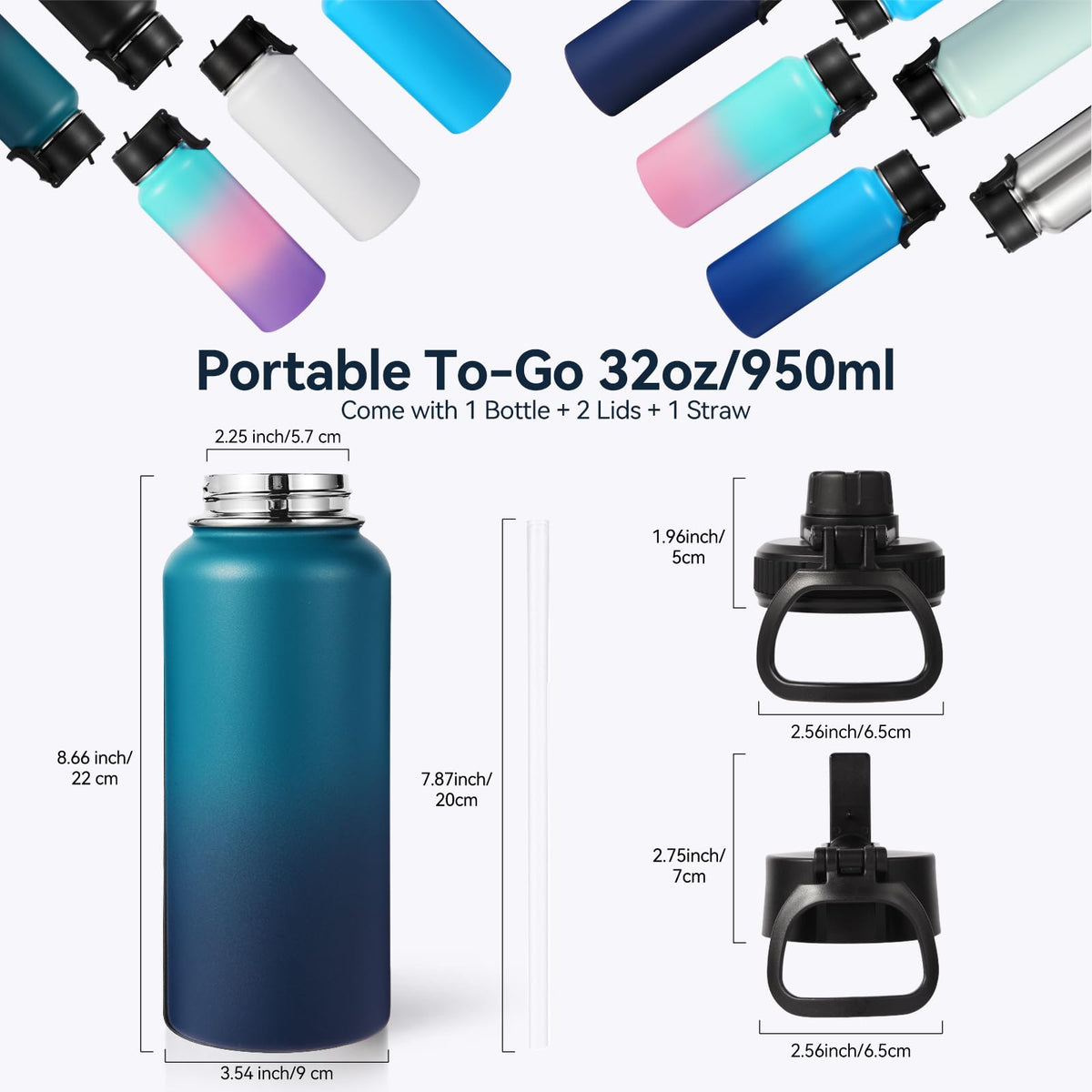 Neihepal 32 oz Insulated Water Bottles Bulk with 2 Lids (Straw & Spout Lid), Stainless Steel Double Wall Water Bottle, Keeps Cold 24H & Hot 12H (Eight Color,8 Pack)