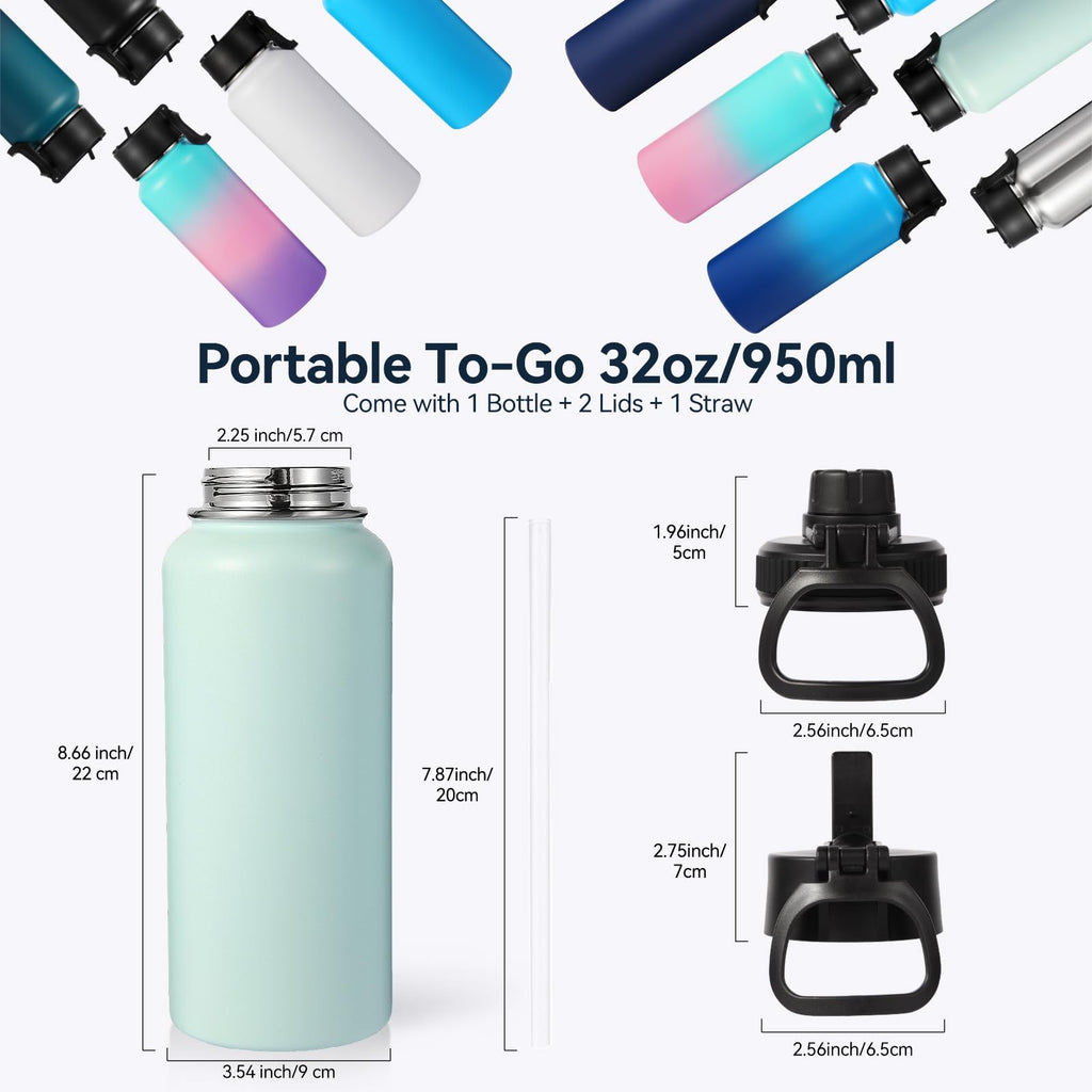 Neihepal 32 oz Insulated Water Bottles Bulk with 2 Lids (Straw & Spout Lid), Stainless Steel Double Wall Water Bottle, Keeps Cold 24H & Hot 12H (Eight Color,8 Pack)