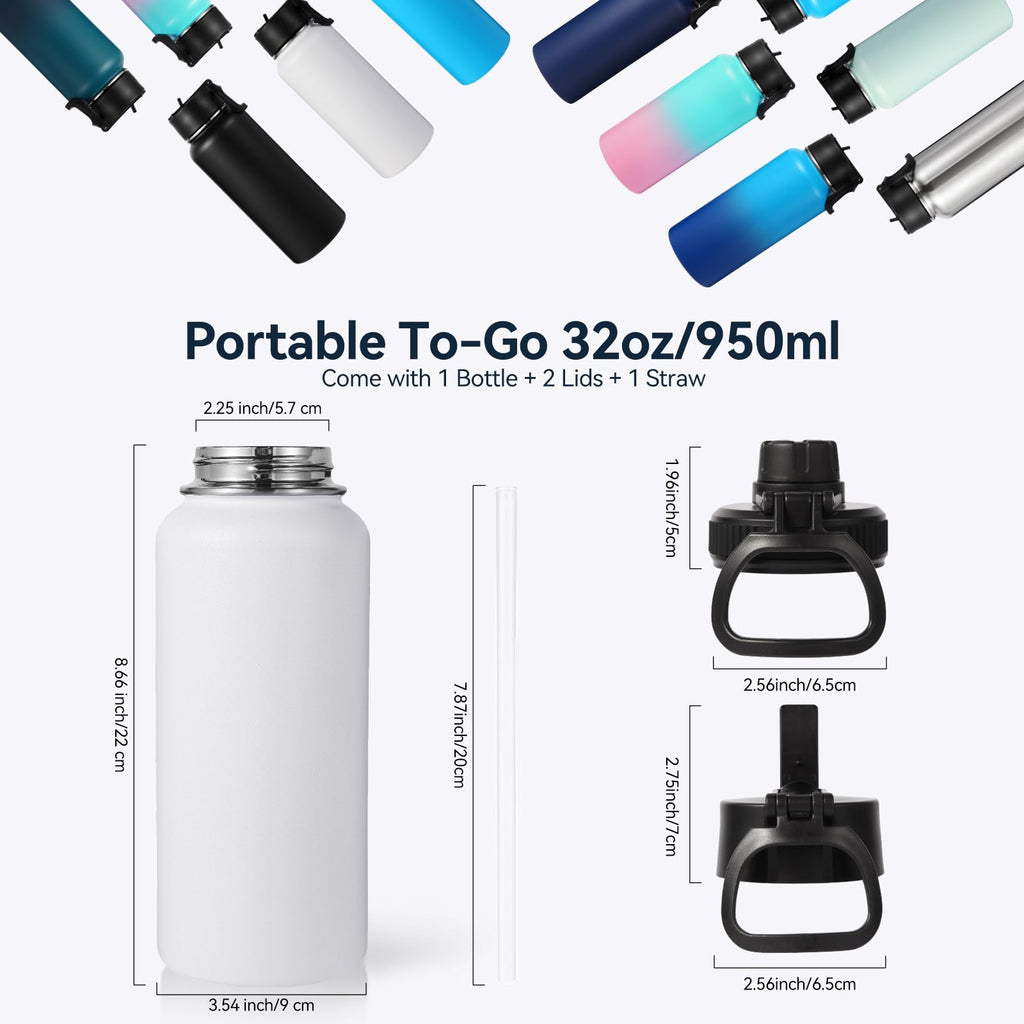 Neihepal 32 oz Insulated Water Bottles Bulk with 2 Lids (Straw & Spout Lid), Stainless Steel Double Wall Water Bottle, Keeps Cold 24H & Hot 12H (Eight Color,8 Pack)