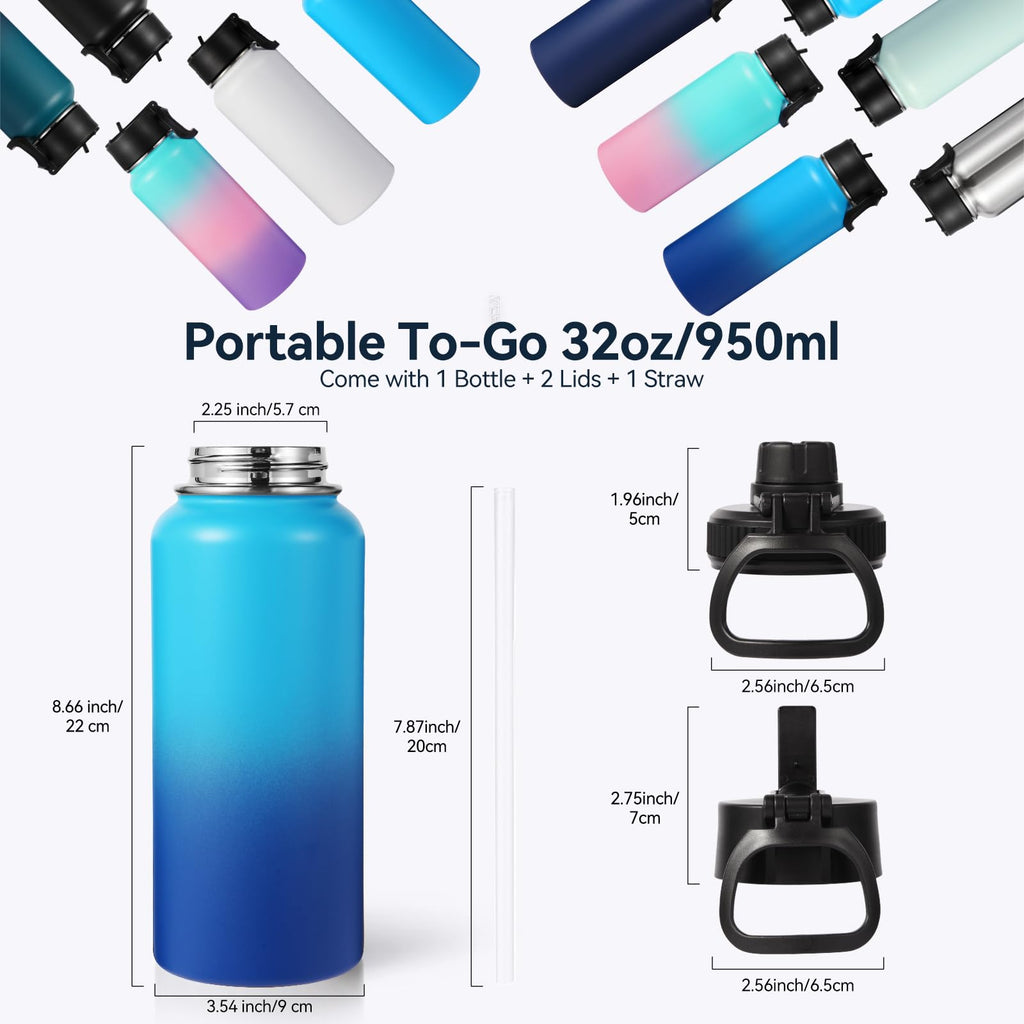 Neihepal 32 oz Insulated Water Bottles Bulk with 2 Lids (Straw & Spout Lid), Stainless Steel Double Wall Water Bottle, Keeps Cold 24H & Hot 12H (Eight Color,8 Pack)