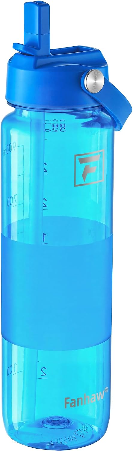 Fanhaw 32 oz Clear Water Bottle with Straw Lid - Tritan, BPA-Free, Lightweight, Wide Mouth, Leak-Proof, Perfect for Gym, Travel, School, Office, and Sports (Classic Blue)