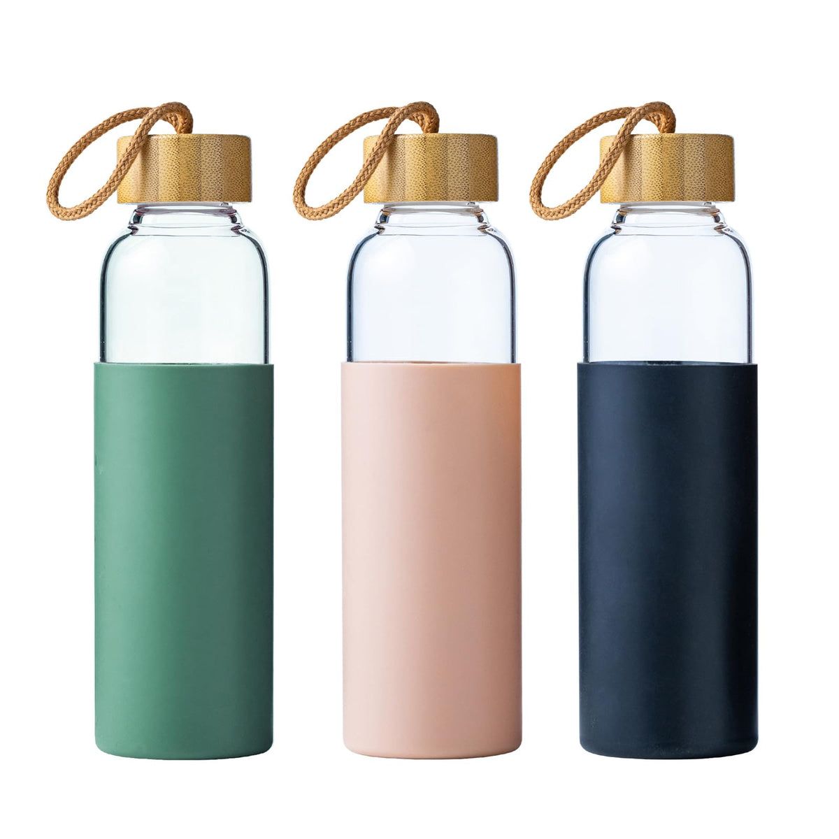 21oz Glass Water Bottle with Silicone Sleeve & Bamboo Lid, BPA Free Reusable Water Bottle Glass for Gym Office Travel, Gift for Fitness Enthusiasts (Green)
