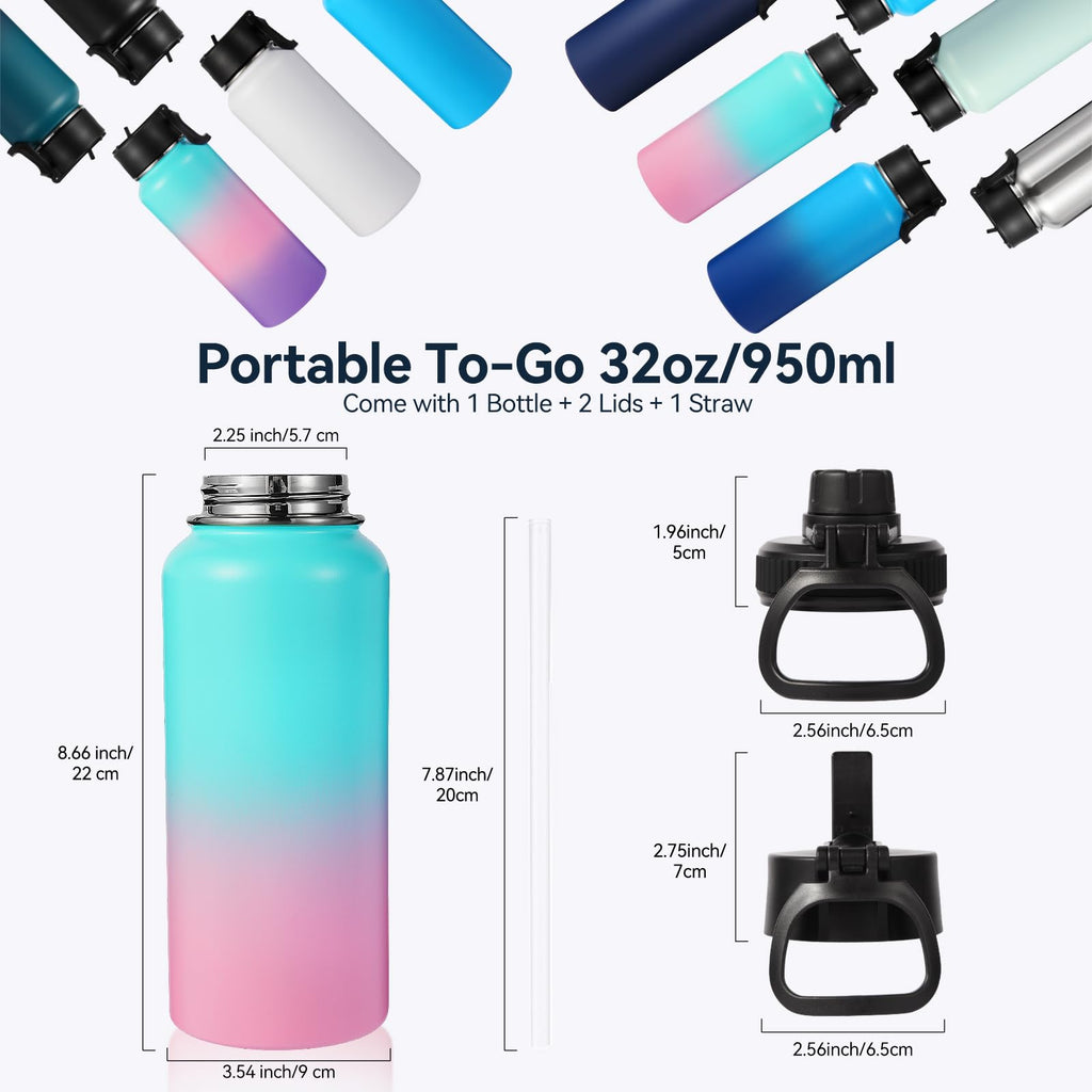 Neihepal 32 oz Insulated Water Bottles Bulk with 2 Lids (Straw & Spout Lid), Stainless Steel Double Wall Water Bottle, Keeps Cold 24H & Hot 12H (Eight Color,8 Pack)