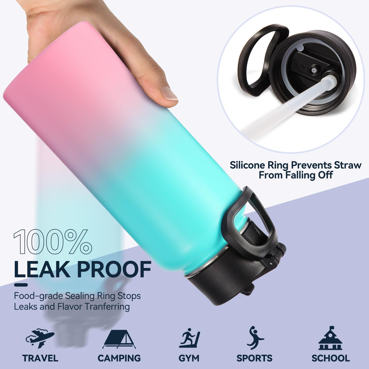 Neihepal 32 oz Insulated Water Bottles Bulk with 2 Lids (Straw & Spout Lid), Stainless Steel Double Wall Water Bottle, Keeps Cold 24H & Hot 12H (Eight Color,8 Pack)
