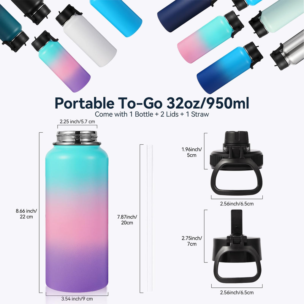 Neihepal 32 oz Insulated Water Bottles Bulk with 2 Lids (Straw & Spout Lid), Stainless Steel Double Wall Water Bottle, Keeps Cold 24H & Hot 12H (Eight Color,8 Pack)