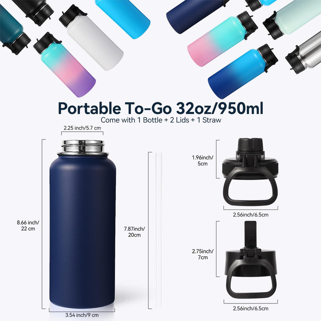 Neihepal 32 oz Insulated Water Bottles Bulk with 2 Lids (Straw & Spout Lid), Stainless Steel Double Wall Water Bottle, Keeps Cold 24H & Hot 12H (Eight Color,8 Pack)