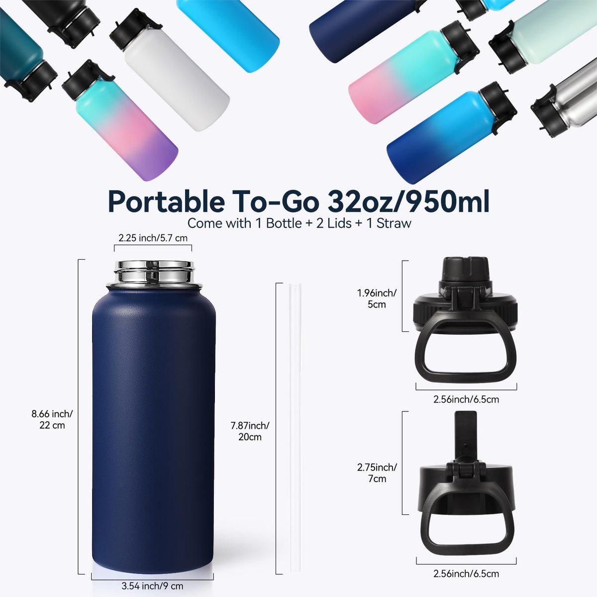 Neihepal 32 oz Insulated Water Bottles Bulk with 2 Lids (Straw & Spout Lid), Stainless Steel Double Wall Water Bottle, Keeps Cold 24H & Hot 12H (Eight Color,8 Pack)