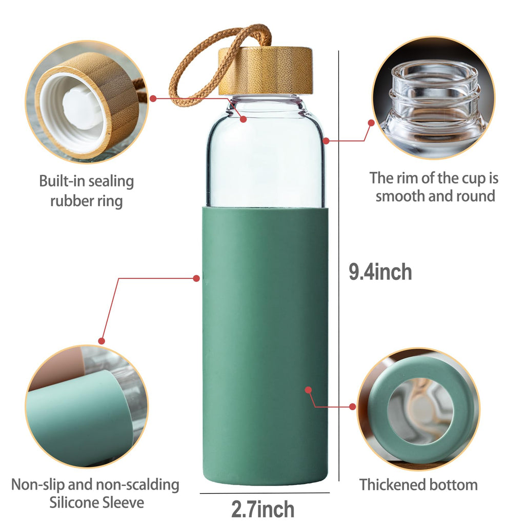 21oz Glass Water Bottle with Silicone Sleeve & Bamboo Lid, BPA Free Reusable Water Bottle Glass for Gym Office Travel, Gift for Fitness Enthusiasts (Green)
