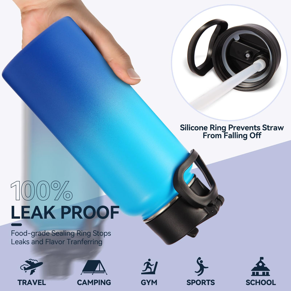 Neihepal 32 oz Insulated Water Bottles Bulk with 2 Lids (Straw & Spout Lid), Stainless Steel Double Wall Water Bottle, Keeps Cold 24H & Hot 12H (Eight Color,8 Pack)