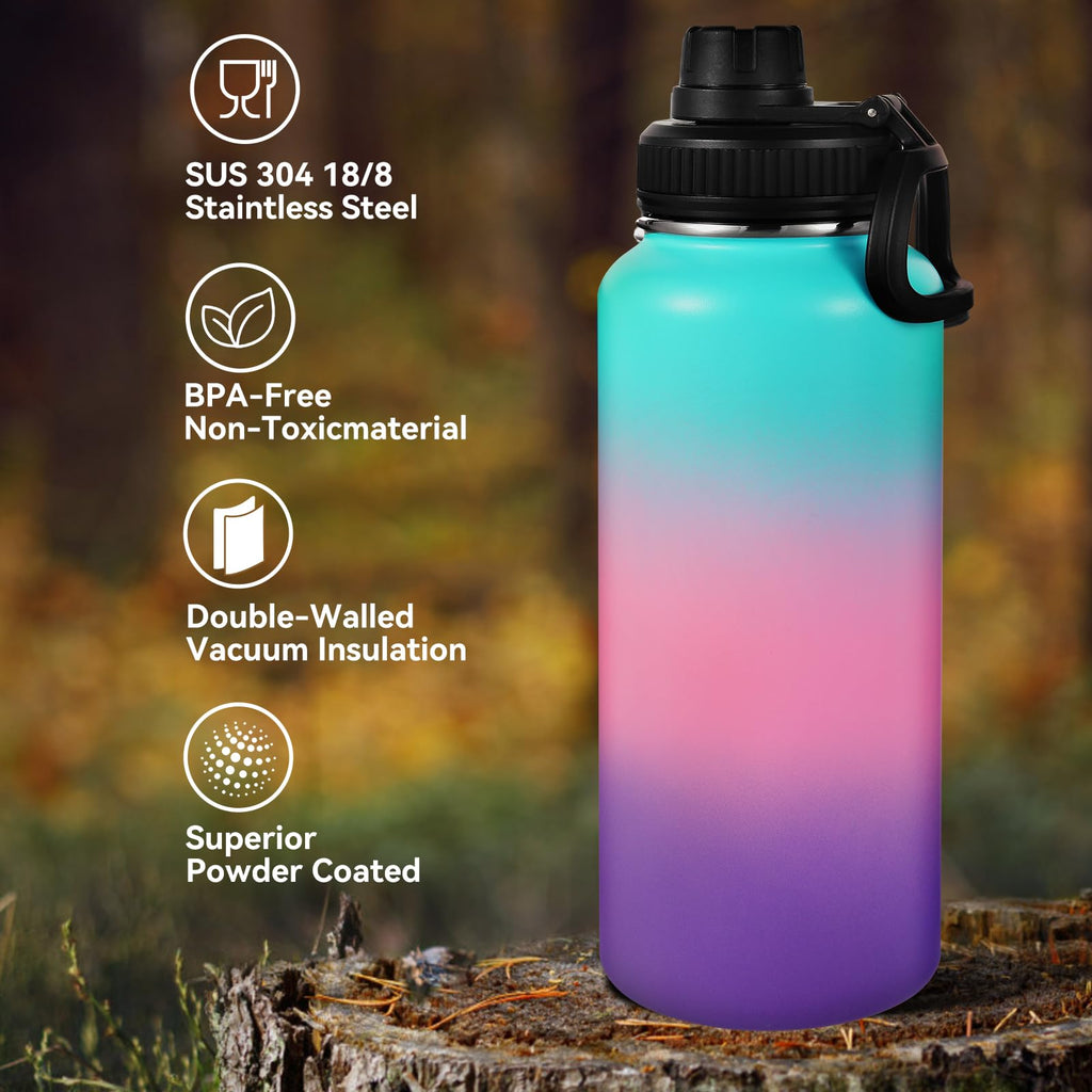 Neihepal 32 oz Insulated Water Bottles Bulk with 2 Lids (Straw & Spout Lid), Stainless Steel Double Wall Water Bottle, Keeps Cold 24H & Hot 12H (Eight Color,8 Pack)