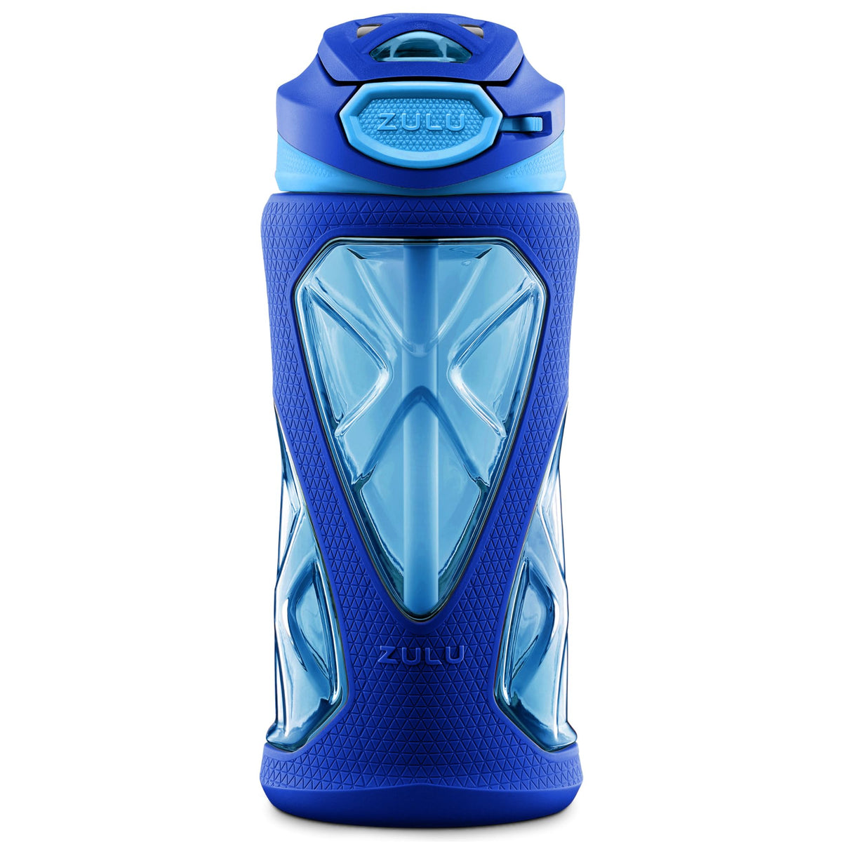 ZULU Torque 16oz Plastic Kids Water Bottle with Silicone Sleeve and Leak-Proof Locking Flip Lid, Soft Touch Carry Loop for School Backpack, Lunchbox, BPA-Free Dishwasher Safe, Grey/ Green