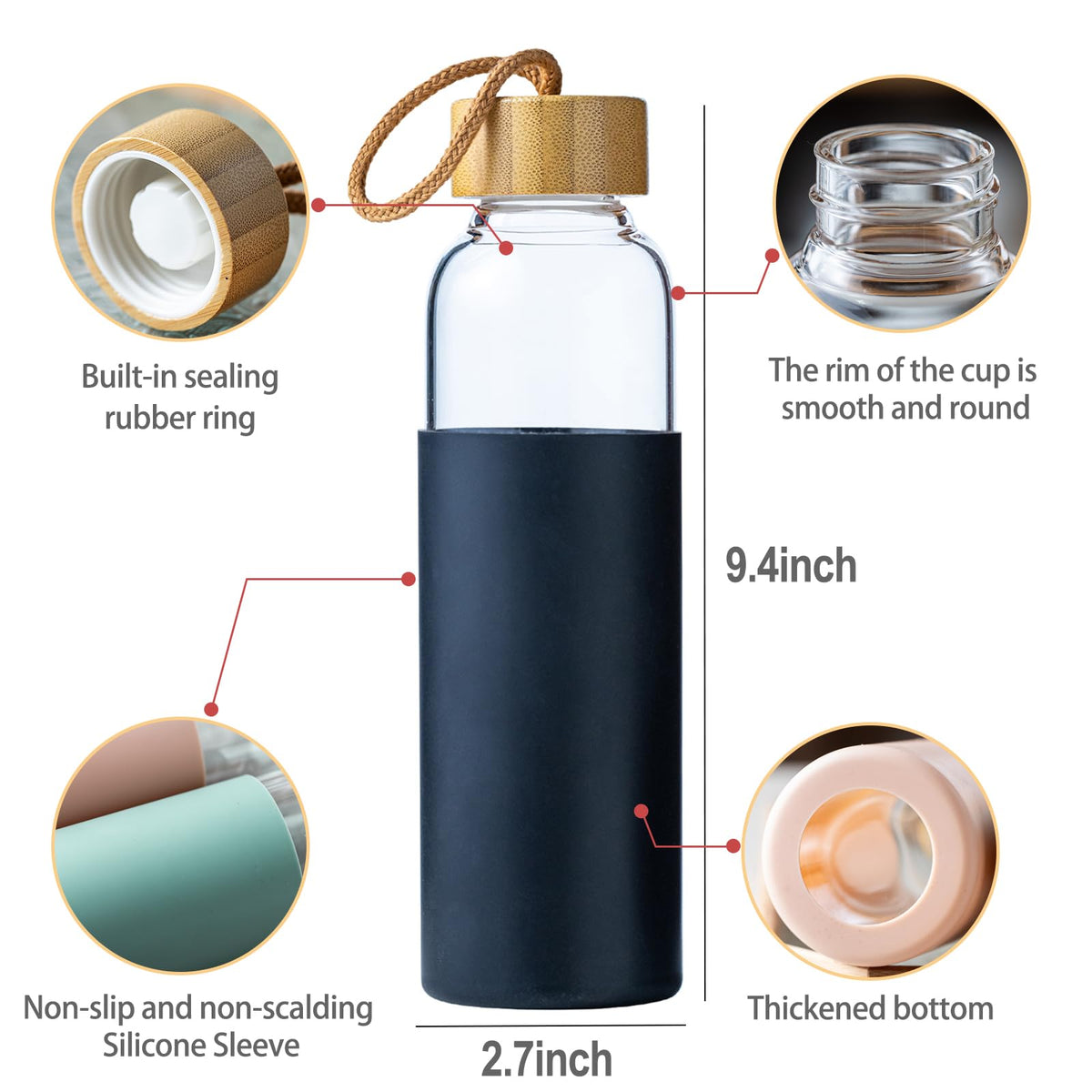 21oz Glass Water Bottle with Silicone Sleeve & Bamboo Lid, BPA Free Reusable Water Bottle Glass for Gym Office Travel, Gift for Fitness Enthusiasts (Green)