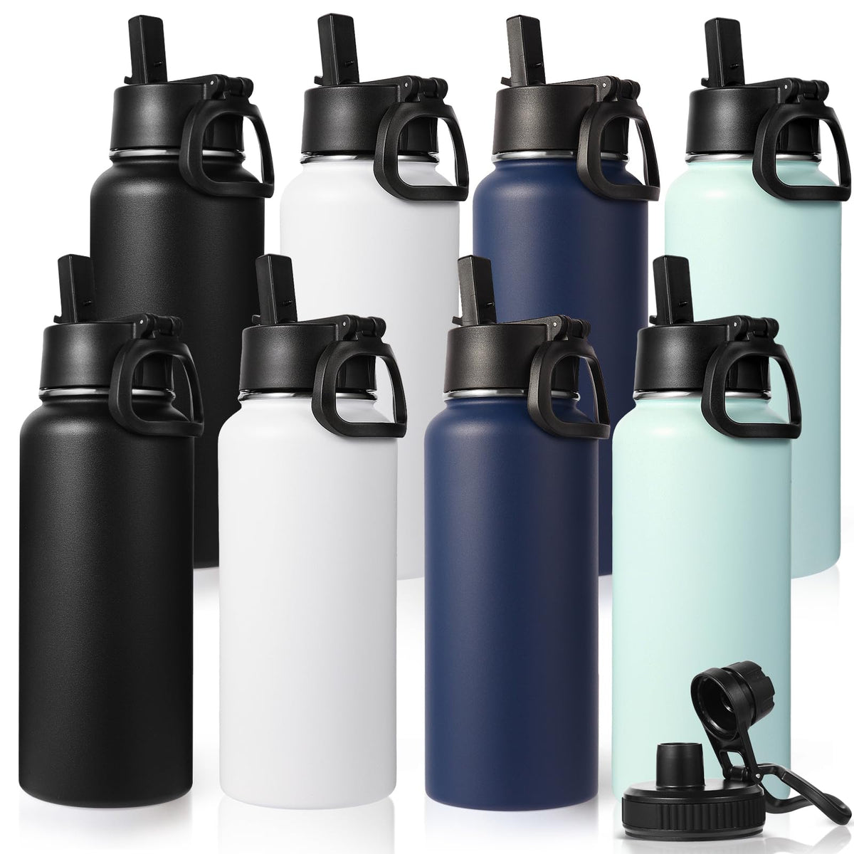 Neihepal 32 oz Insulated Water Bottles Bulk with 2 Lids (Straw & Spout Lid), Stainless Steel Double Wall Water Bottle, Keeps Cold 24H & Hot 12H (Eight Color,8 Pack)