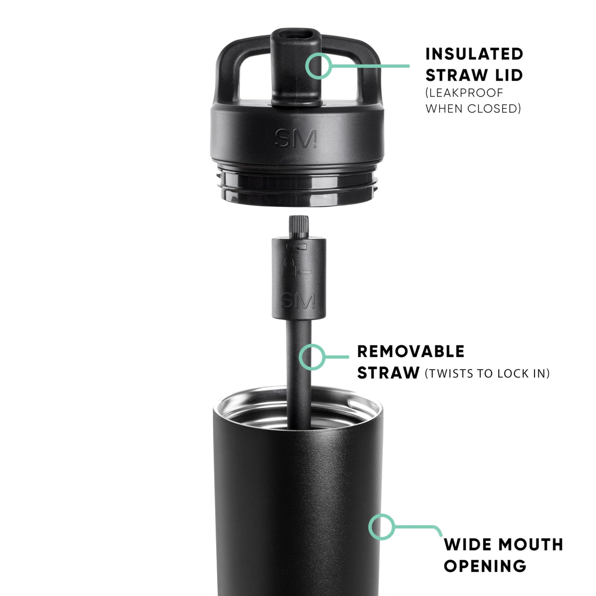 Simple Modern Insulated Water Bottle with Manual Straw | 24oz | Black