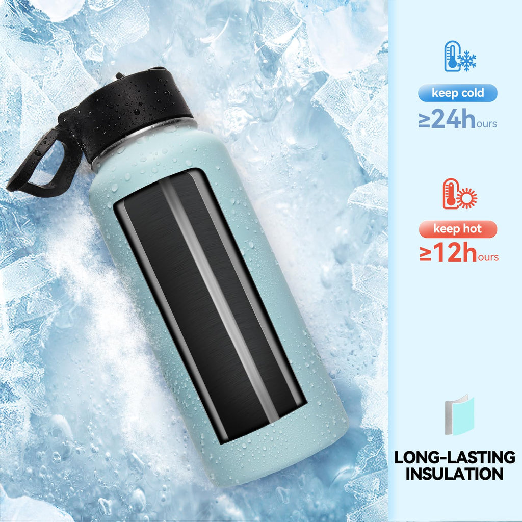 Neihepal 32 oz Insulated Water Bottles Bulk with 2 Lids (Straw & Spout Lid), Stainless Steel Double Wall Water Bottle, Keeps Cold 24H & Hot 12H (Eight Color,8 Pack)
