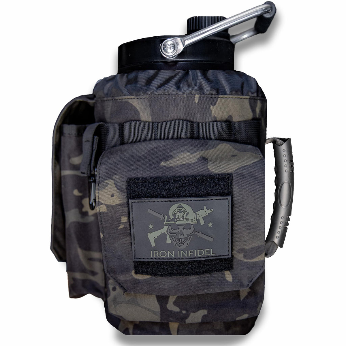 Iron Infidel Battle Bottle - Half Gallon Insulated Stainless Steel Water Jug with Handle - Gym Bottle for Men with Rugged Sleeve (Overland 2 Liter)