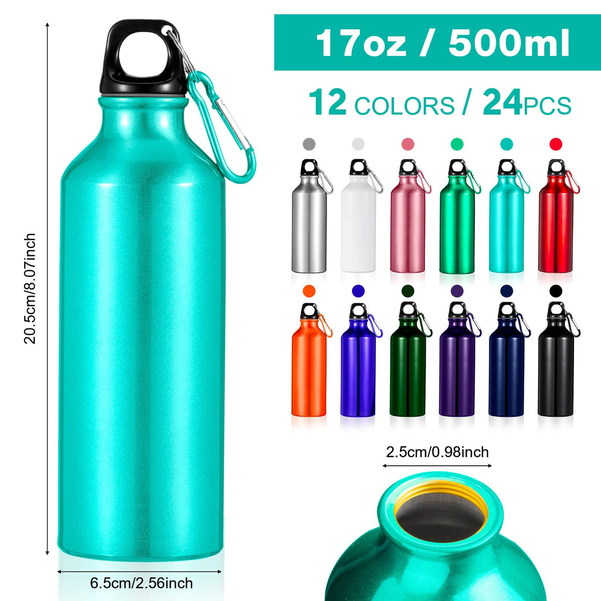 24 Pcs Aluminum Water Bottle 17oz Aluminum Reusable Bottles with Clips Sports Lightweight Water Multipack Easy Carry Leakproof Travel for Gym Hiking Cycling Sports Outdoor(Assorted Color)