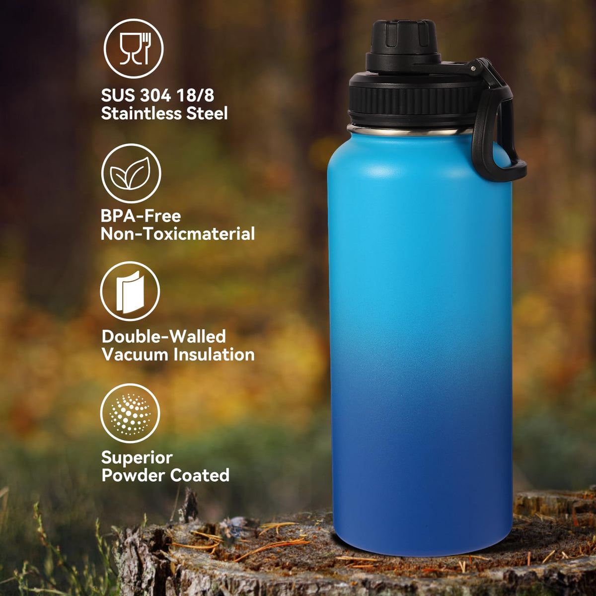 Neihepal 32 oz Insulated Water Bottles Bulk with 2 Lids (Straw & Spout Lid), Stainless Steel Double Wall Water Bottle, Keeps Cold 24H & Hot 12H (Eight Color,8 Pack)