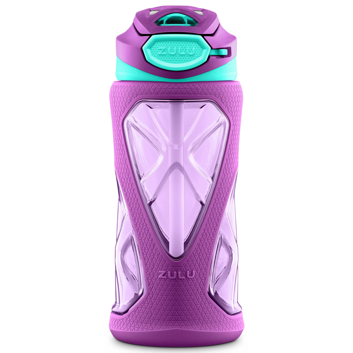ZULU Torque 16oz Plastic Kids Water Bottle with Silicone Sleeve and Leak-Proof Locking Flip Lid, Soft Touch Carry Loop for School Backpack, Lunchbox, BPA-Free Dishwasher Safe, Grey/ Green
