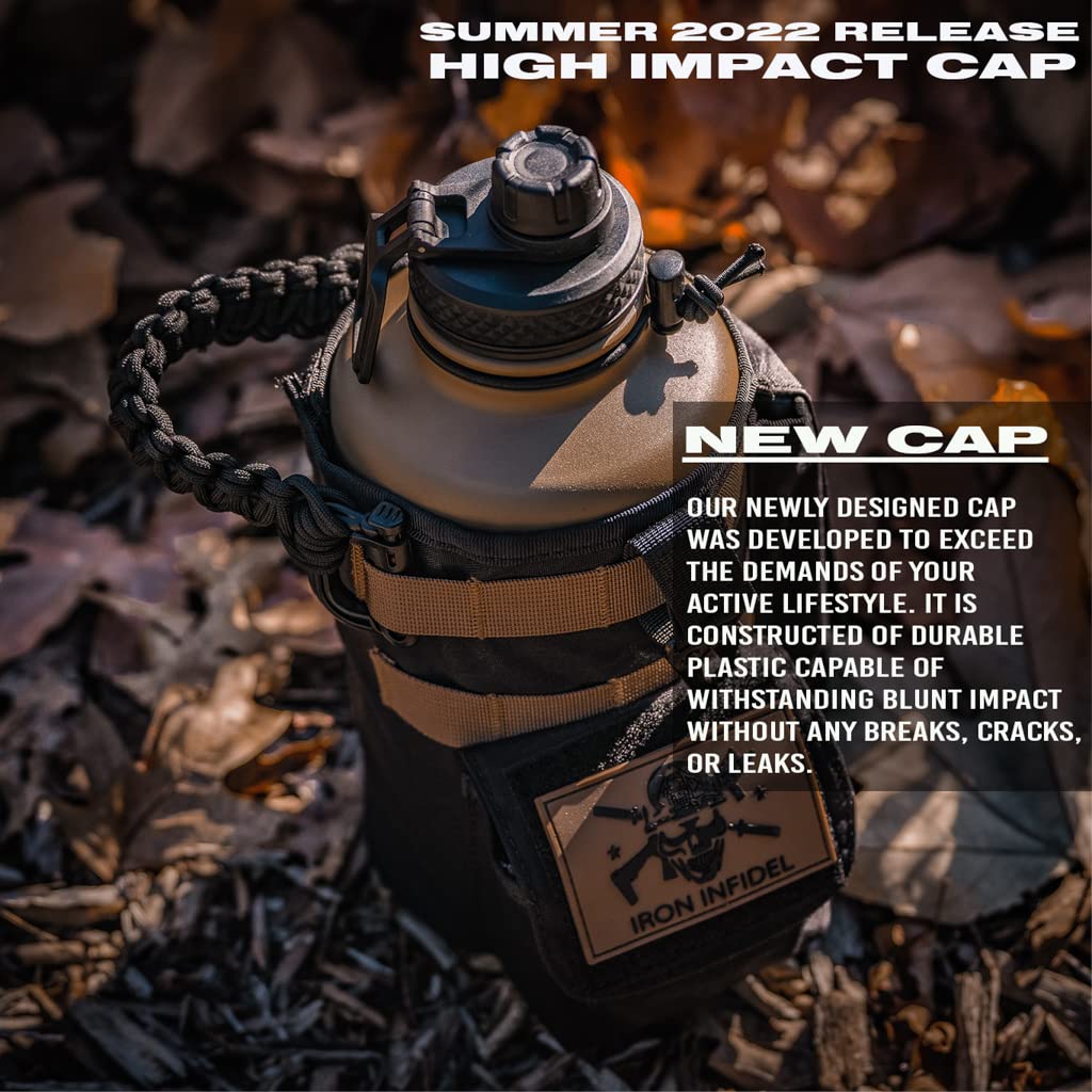 Iron Infidel Battle Bottle - Half Gallon Insulated Stainless Steel Water Jug with Handle - Gym Bottle for Men with Rugged Sleeve (Overland 2 Liter)