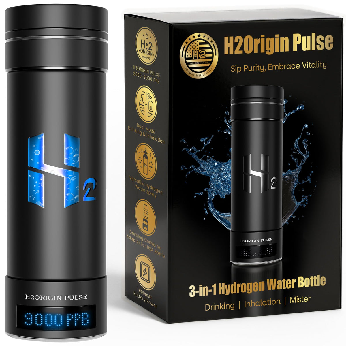 Hydrogen Water Bottle Generator, Up to 9000 PPB Hydrogen Bottle Water Ionizer with SPE/PEM Technology, 3-in-1 Portable Universal Adapter and Refreshing Mist Spray for Home Hydration