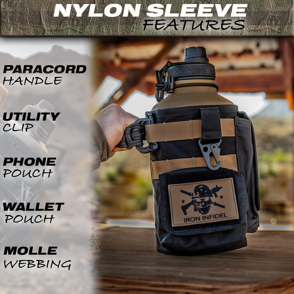 Iron Infidel Battle Bottle - Half Gallon Insulated Stainless Steel Water Jug with Handle - Gym Bottle for Men with Rugged Sleeve (Overland 2 Liter)