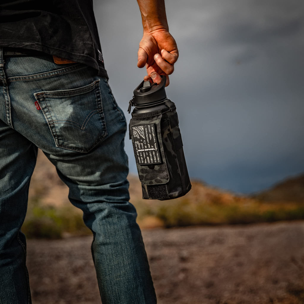 Iron Infidel Battle Bottle - Half Gallon Insulated Stainless Steel Water Jug with Handle - Gym Bottle for Men with Rugged Sleeve (Overland 2 Liter)
