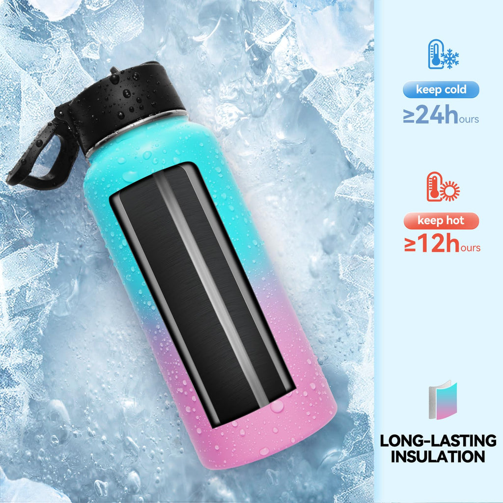Neihepal 32 oz Insulated Water Bottles Bulk with 2 Lids (Straw & Spout Lid), Stainless Steel Double Wall Water Bottle, Keeps Cold 24H & Hot 12H (Eight Color,8 Pack)