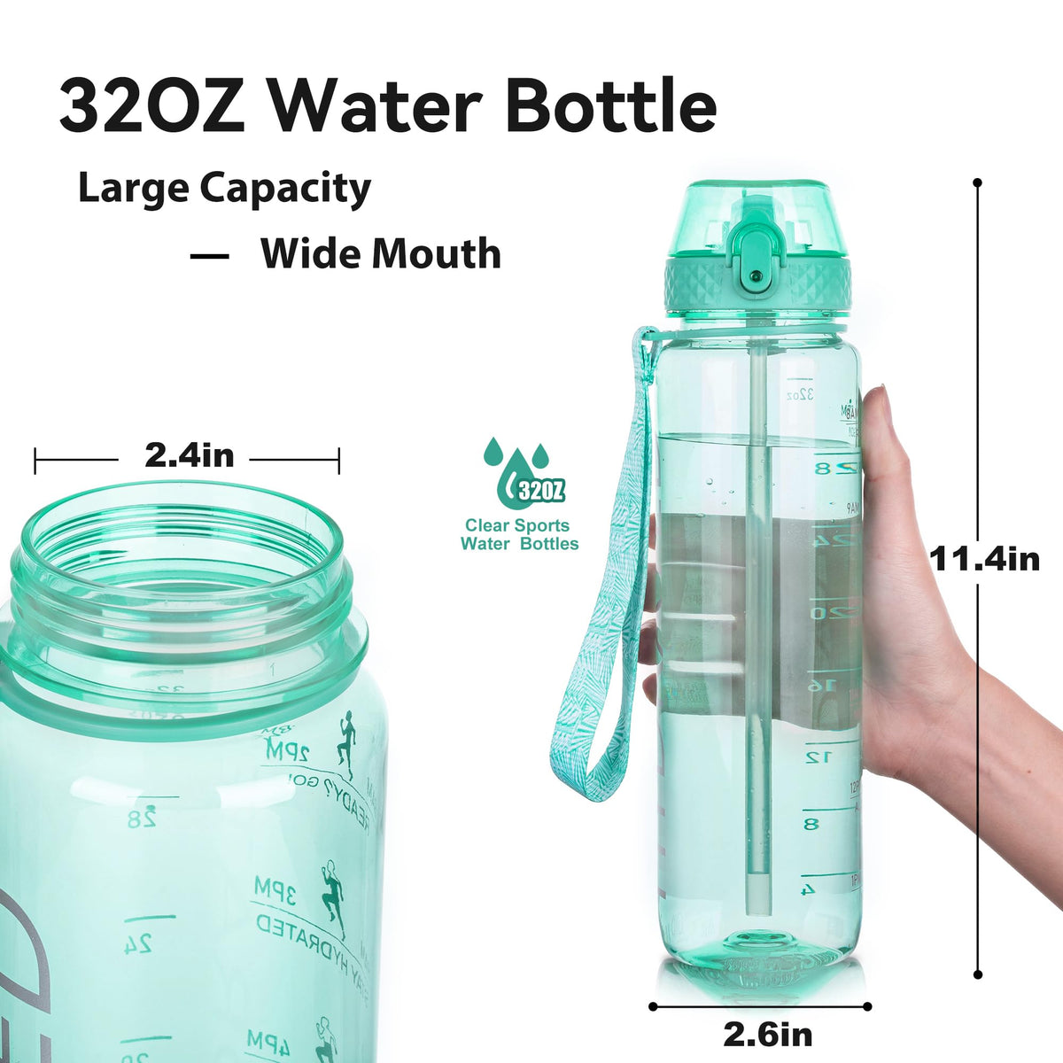 GOPPUS 32oz Clear Motivational Water Bottle with Straw & Time Marker, BPA Free Tritan Leakproof Sports Bottle, Wide Mouth Reusable Bottle for Gym, Hiking, Travel, School & Office（Clear）