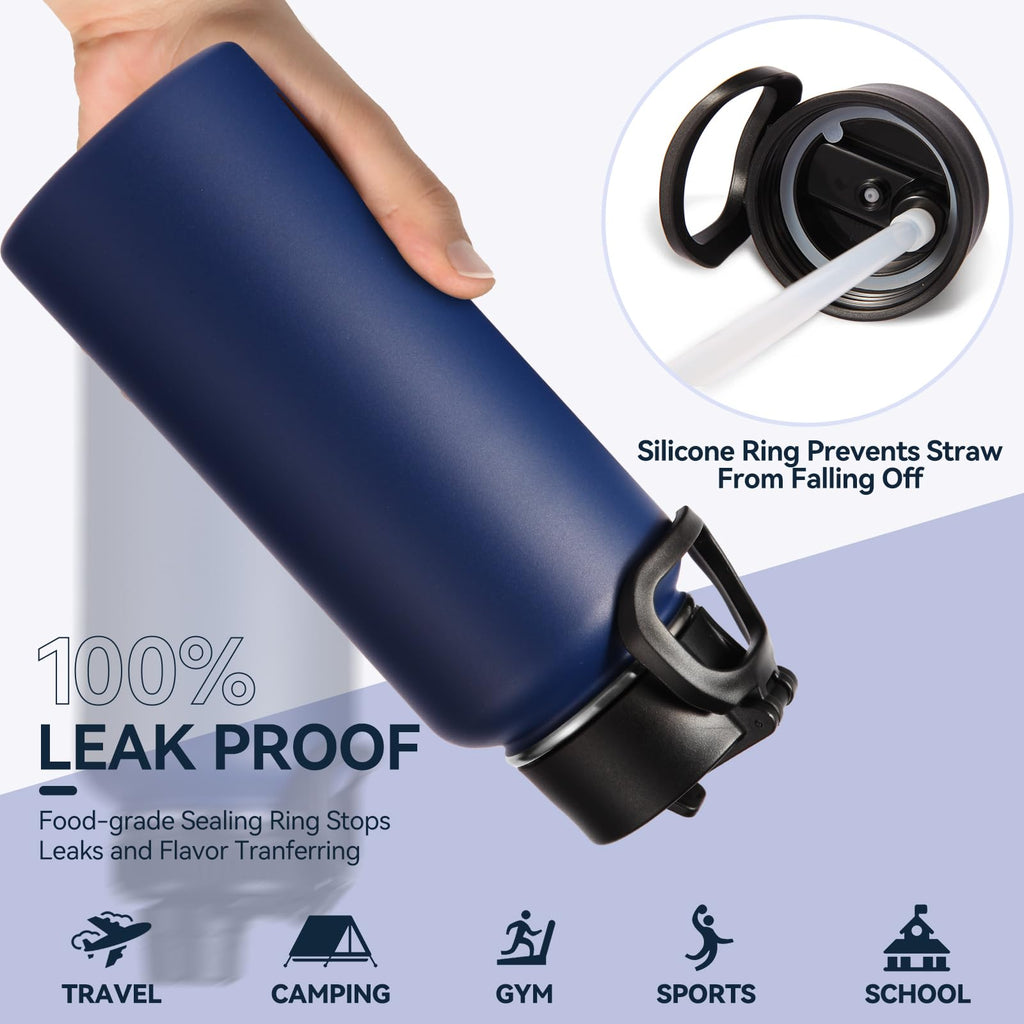 Neihepal 32 oz Insulated Water Bottles Bulk with 2 Lids (Straw & Spout Lid), Stainless Steel Double Wall Water Bottle, Keeps Cold 24H & Hot 12H (Eight Color,8 Pack)