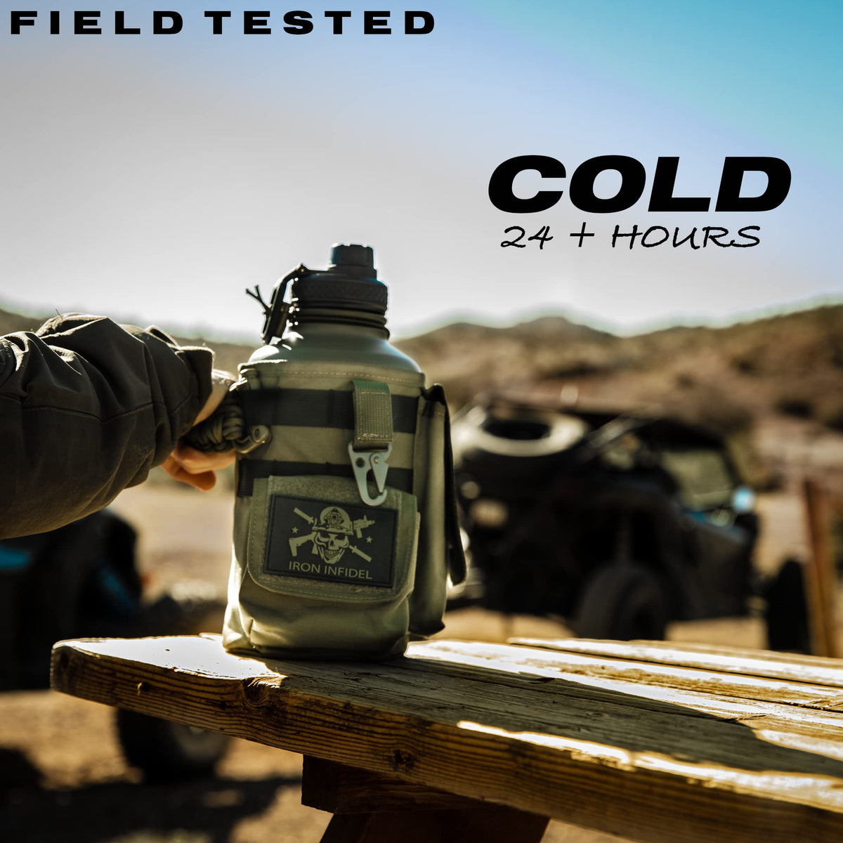 Iron Infidel Battle Bottle - Half Gallon Insulated Stainless Steel Water Jug with Handle - Gym Bottle for Men with Rugged Sleeve (Overland 2 Liter)