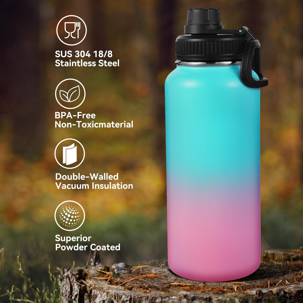 Neihepal 32 oz Insulated Water Bottles Bulk with 2 Lids (Straw & Spout Lid), Stainless Steel Double Wall Water Bottle, Keeps Cold 24H & Hot 12H (Eight Color,8 Pack)