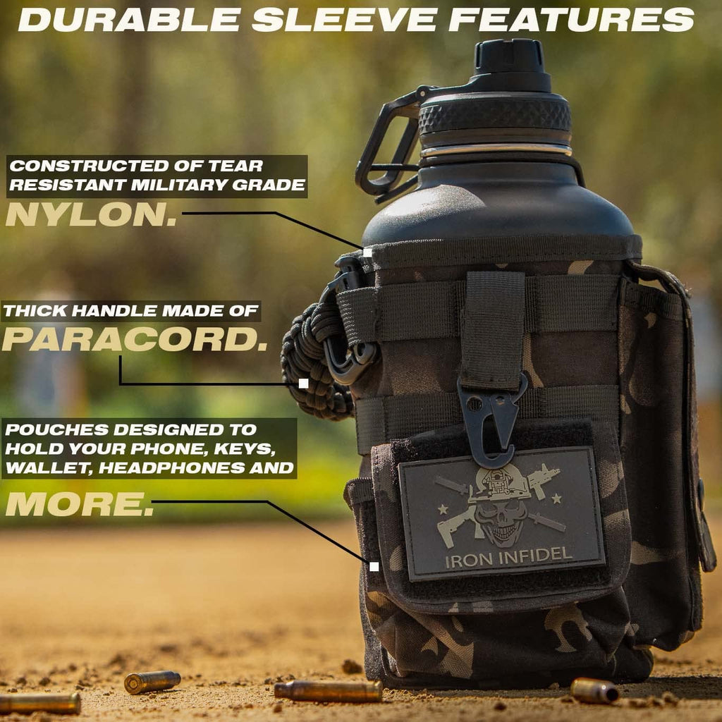 Iron Infidel Battle Bottle - Half Gallon Insulated Stainless Steel Water Jug with Handle - Gym Bottle for Men with Rugged Sleeve (Overland 2 Liter)
