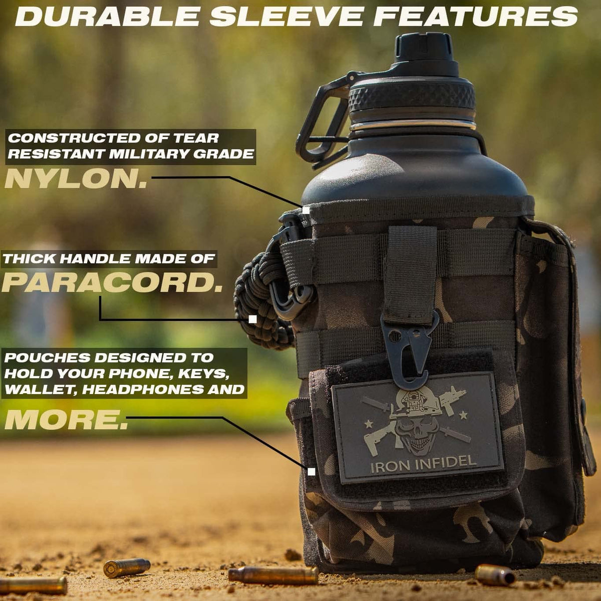 Iron Infidel Battle Bottle - Half Gallon Insulated Stainless Steel Water Jug with Handle - Gym Bottle for Men with Rugged Sleeve (Overland 2 Liter)
