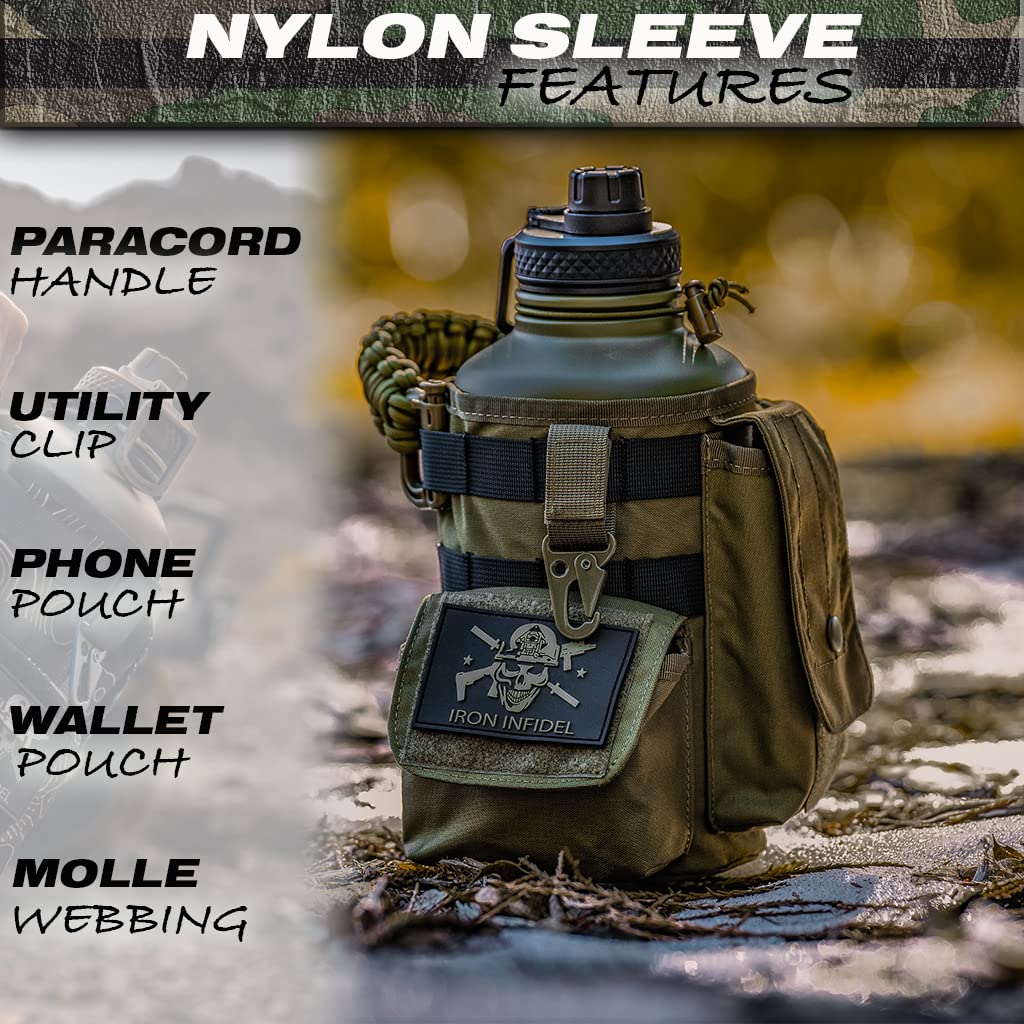 Iron Infidel Battle Bottle - Half Gallon Insulated Stainless Steel Water Jug with Handle - Gym Bottle for Men with Rugged Sleeve (Overland 2 Liter)