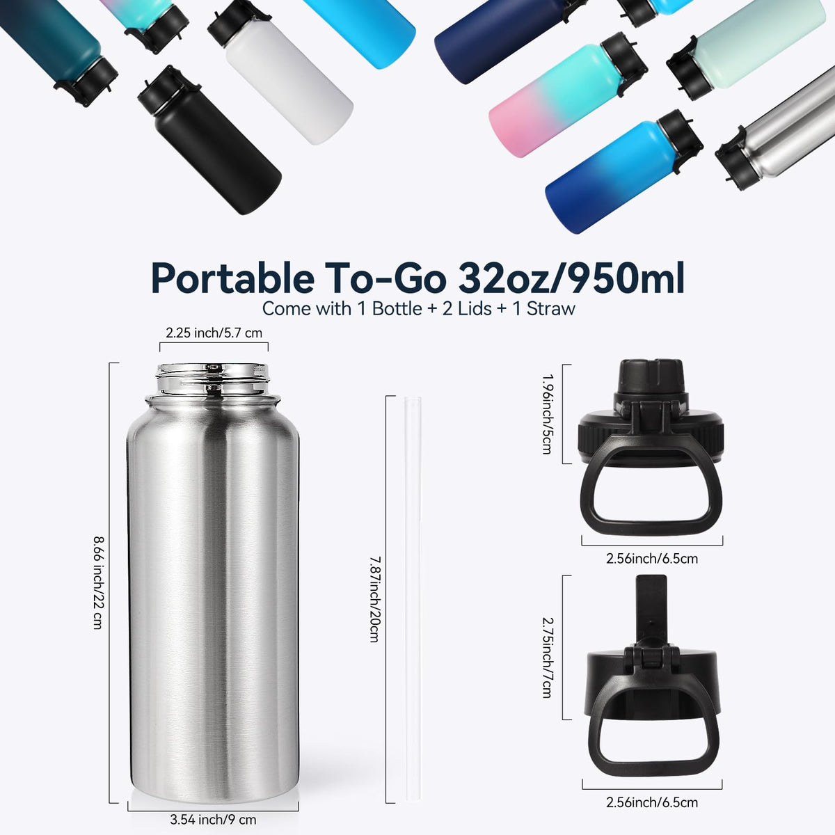 Neihepal 32 oz Insulated Water Bottles Bulk with 2 Lids (Straw & Spout Lid), Stainless Steel Double Wall Water Bottle, Keeps Cold 24H & Hot 12H (Eight Color,8 Pack)