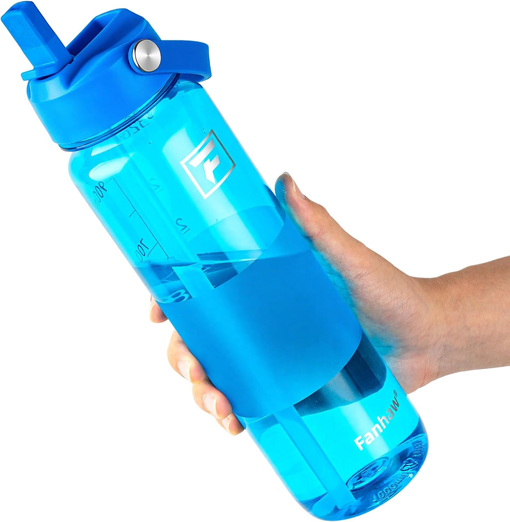 Fanhaw 32 oz Clear Water Bottle with Straw Lid - Tritan, BPA-Free, Lightweight, Wide Mouth, Leak-Proof, Perfect for Gym, Travel, School, Office, and Sports (Classic Blue)