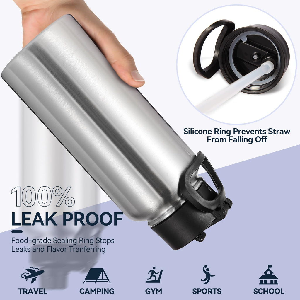 Neihepal 32 oz Insulated Water Bottles Bulk with 2 Lids (Straw & Spout Lid), Stainless Steel Double Wall Water Bottle, Keeps Cold 24H & Hot 12H (Eight Color,8 Pack)