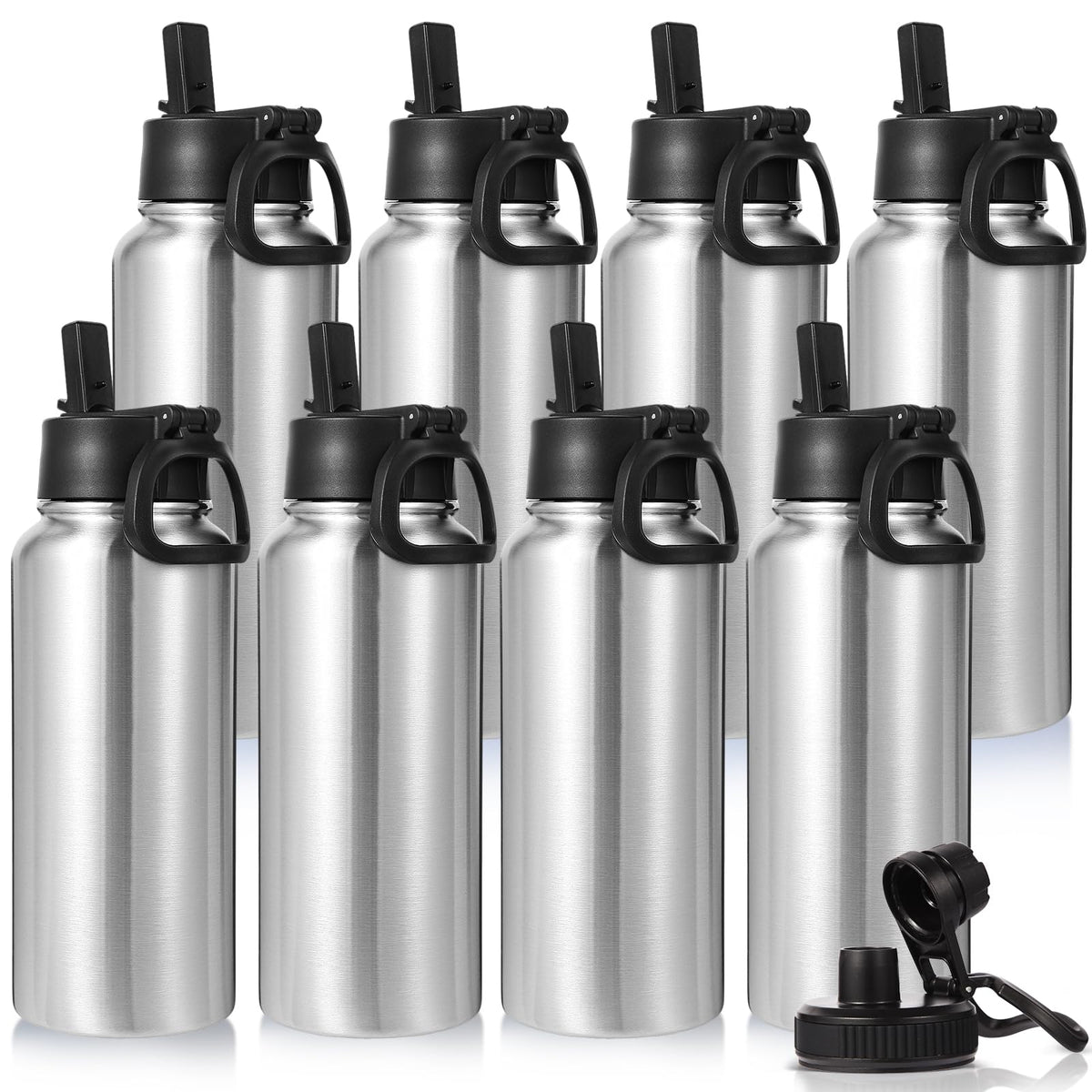 Neihepal 32 oz Insulated Water Bottles Bulk with 2 Lids (Straw & Spout Lid), Stainless Steel Double Wall Water Bottle, Keeps Cold 24H & Hot 12H (Eight Color,8 Pack)