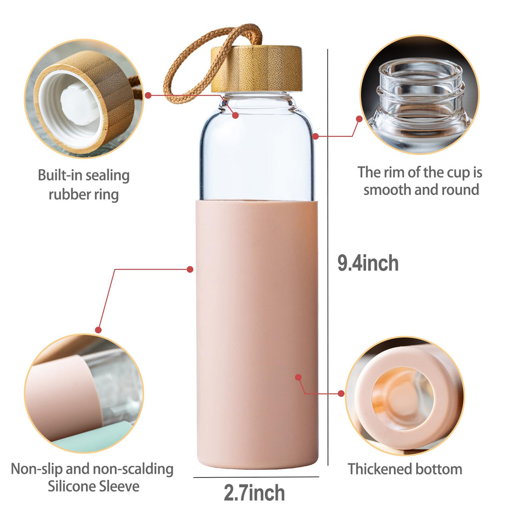 21oz Glass Water Bottle with Silicone Sleeve & Bamboo Lid, BPA Free Reusable Water Bottle Glass for Gym Office Travel, Gift for Fitness Enthusiasts (Green)