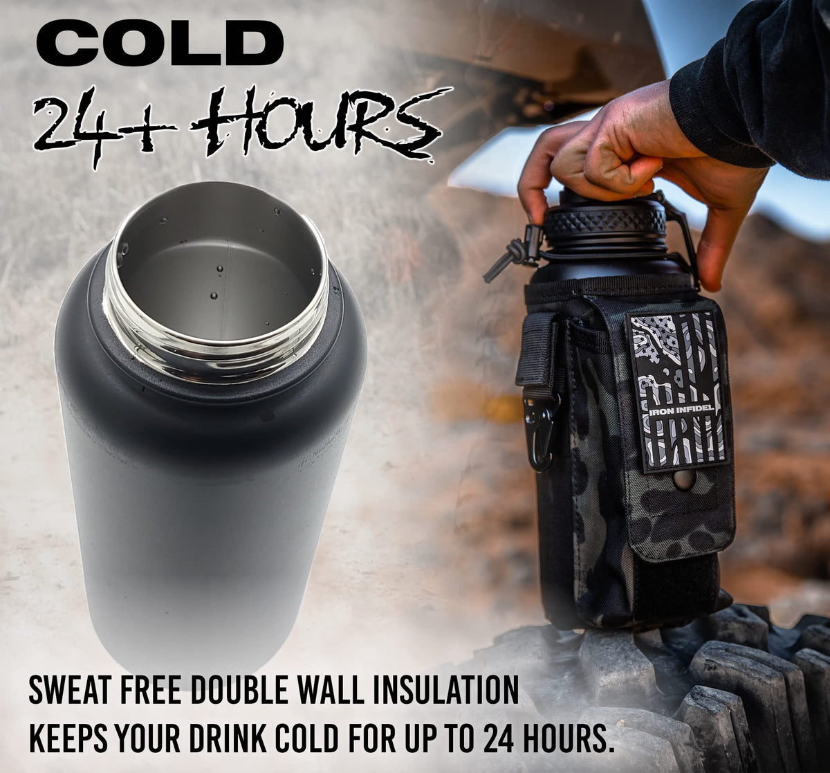 Iron Infidel Battle Bottle - Half Gallon Insulated Stainless Steel Water Jug with Handle - Gym Bottle for Men with Rugged Sleeve (Overland 2 Liter)