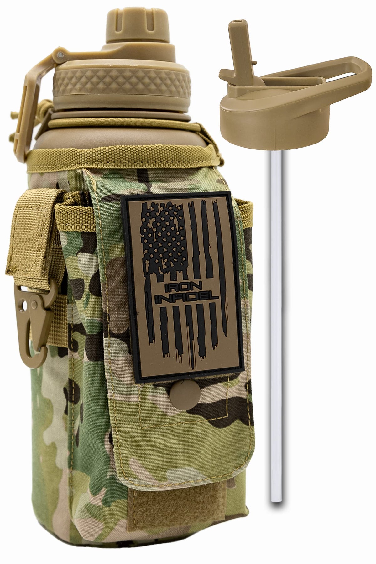 Iron Infidel Battle Bottle - Half Gallon Insulated Stainless Steel Water Jug with Handle - Gym Bottle for Men with Rugged Sleeve (Overland 2 Liter)