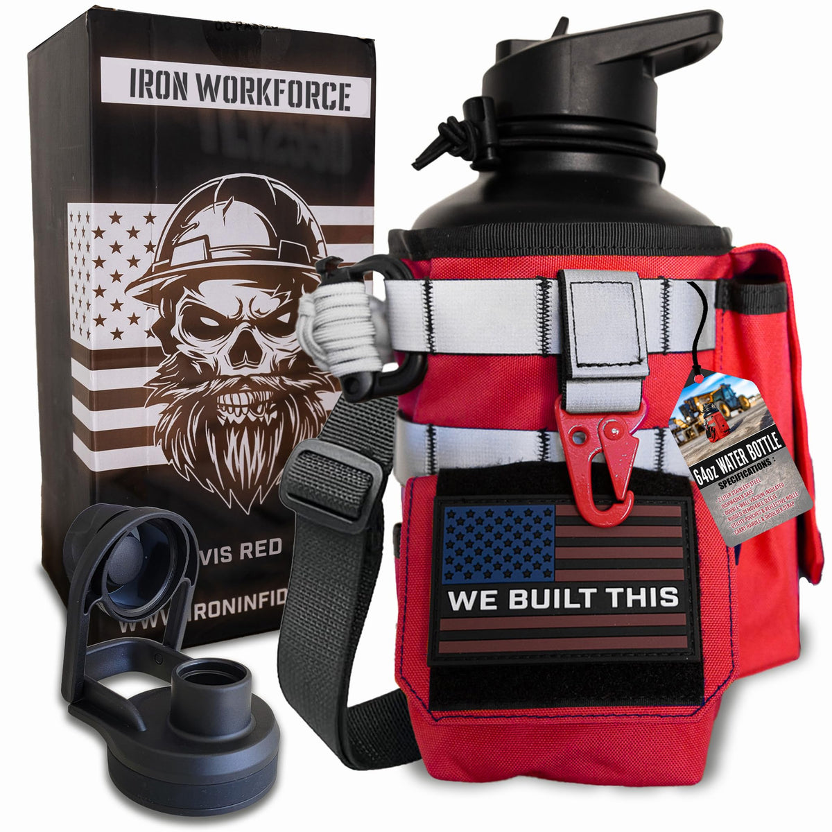 Iron Infidel Workforce Water Bottle - 64 oz Insulated Stainless Steel | Half Gallon Vacuum Water Jug | Paracord Handle, Removable Sleeve | Large Thermal Flask | Hiking, Camping, Workouts (Orange)