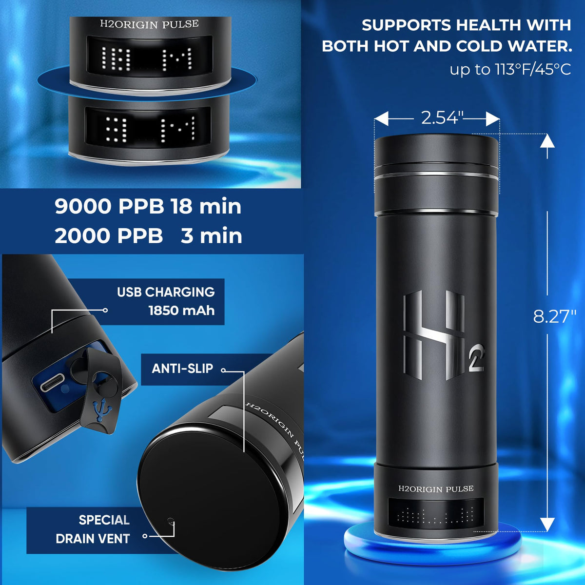 Hydrogen Water Bottle Generator, Up to 9000 PPB Hydrogen Bottle Water Ionizer with SPE/PEM Technology, 3-in-1 Portable Universal Adapter and Refreshing Mist Spray for Home Hydration