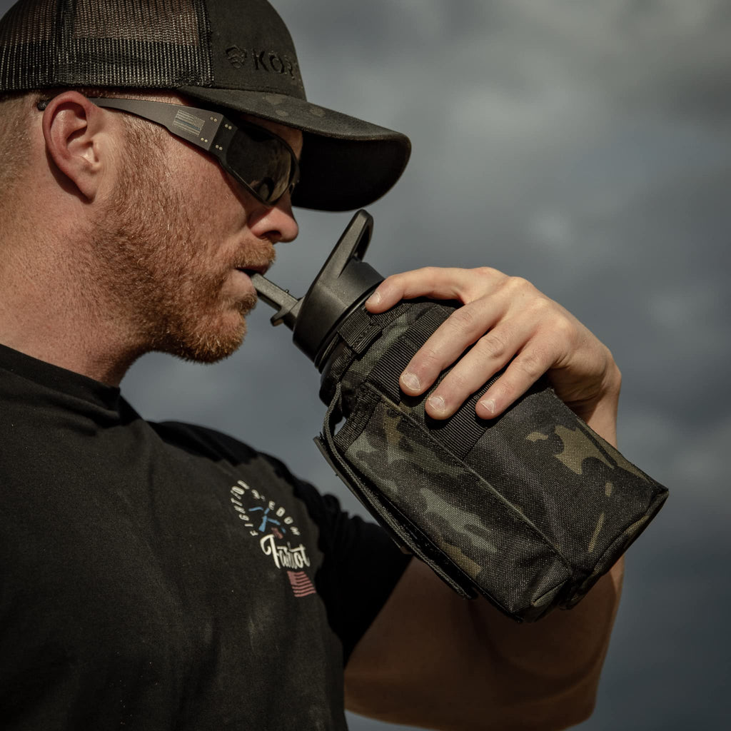 Iron Infidel Battle Bottle - Half Gallon Insulated Stainless Steel Water Jug with Handle - Gym Bottle for Men with Rugged Sleeve (Overland 2 Liter)