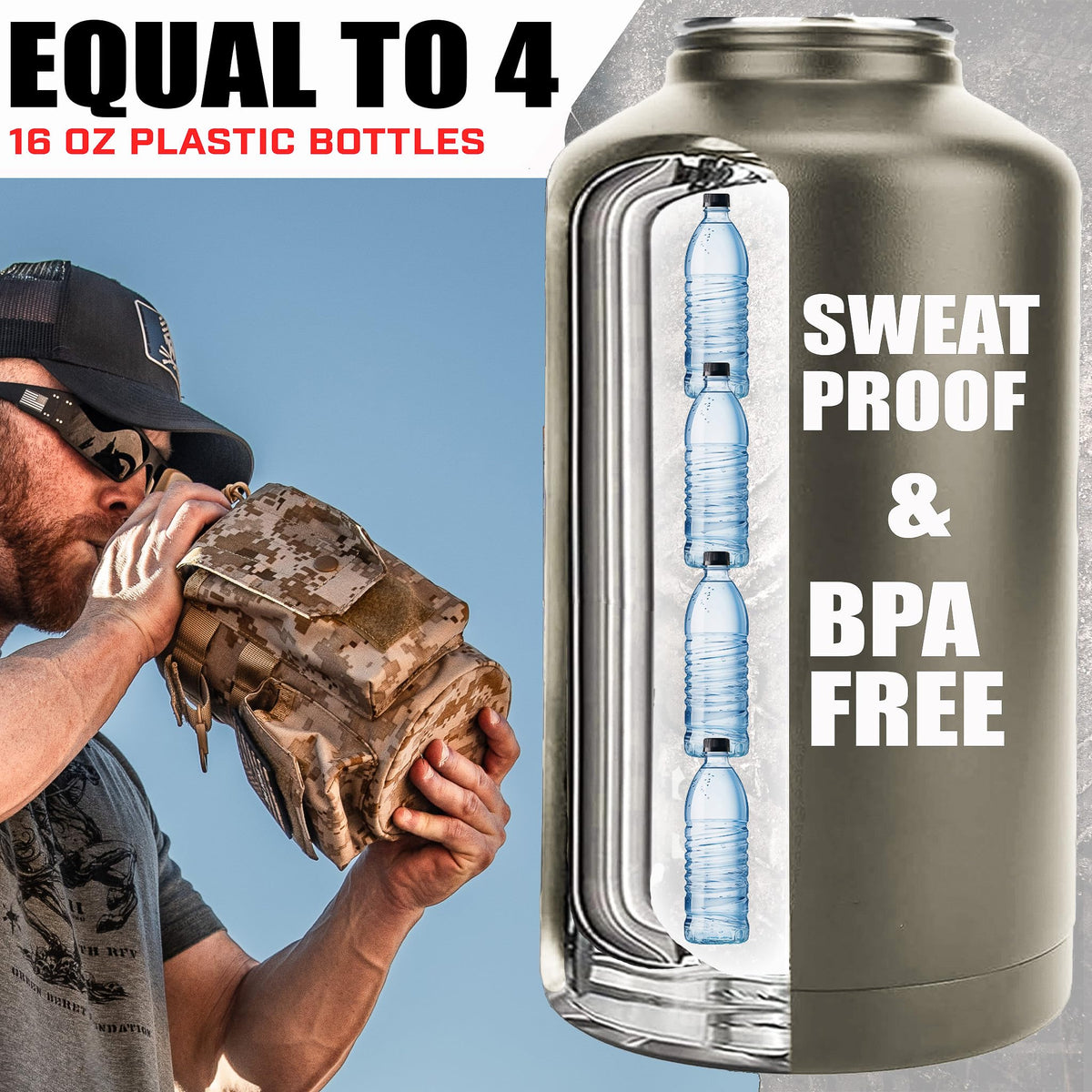Iron Infidel Battle Bottle - Half Gallon Insulated Stainless Steel Water Jug with Handle - Gym Bottle for Men with Rugged Sleeve (Overland 2 Liter)