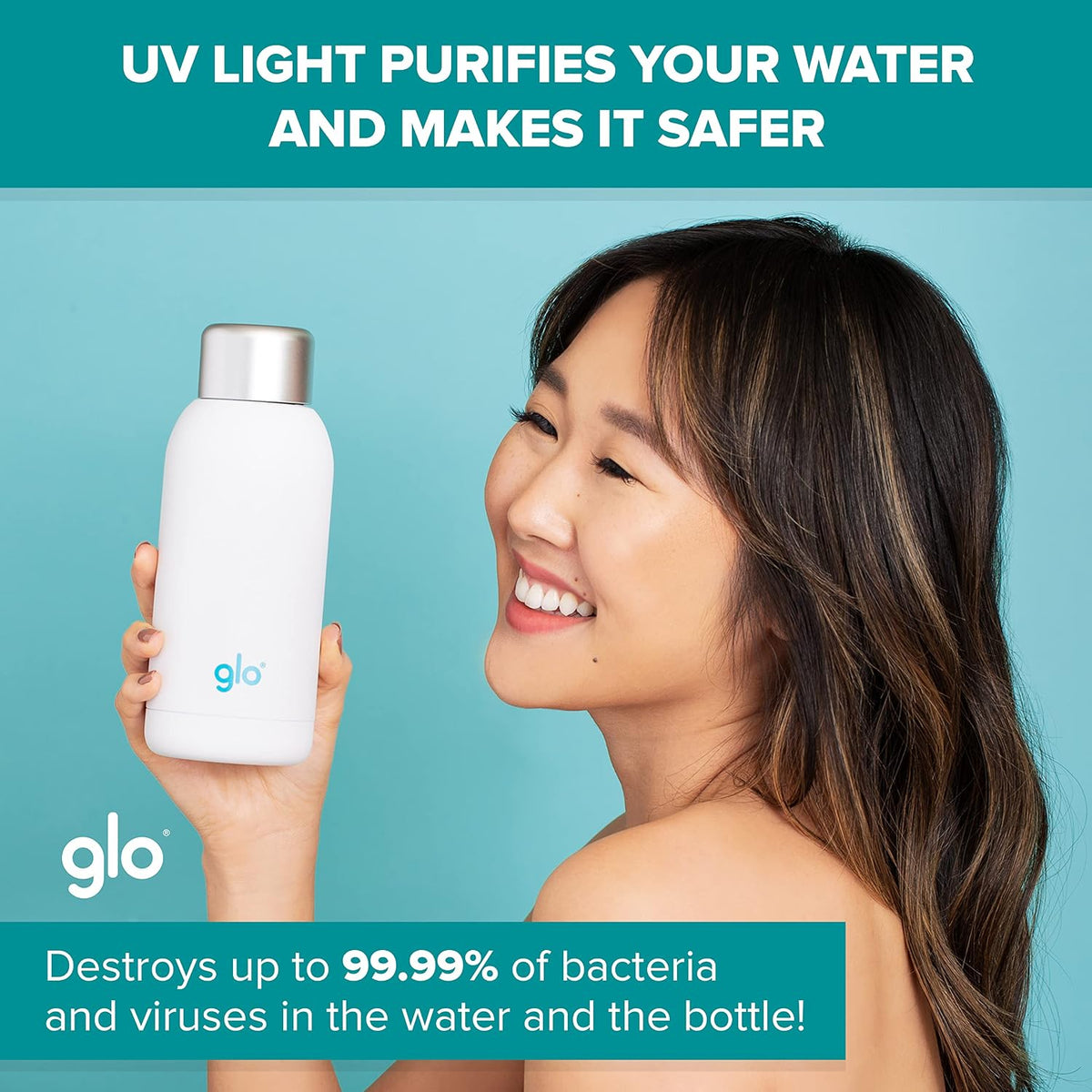 Glo - UV Water Smart Bottle | Eliminates Bad Odor and Taste | Double Insulation Stainless Steel BPA Free 400ml | Keeps Water Hot 12h and Cold 24h | Perfect for Camping Hiking Cycling and Survival