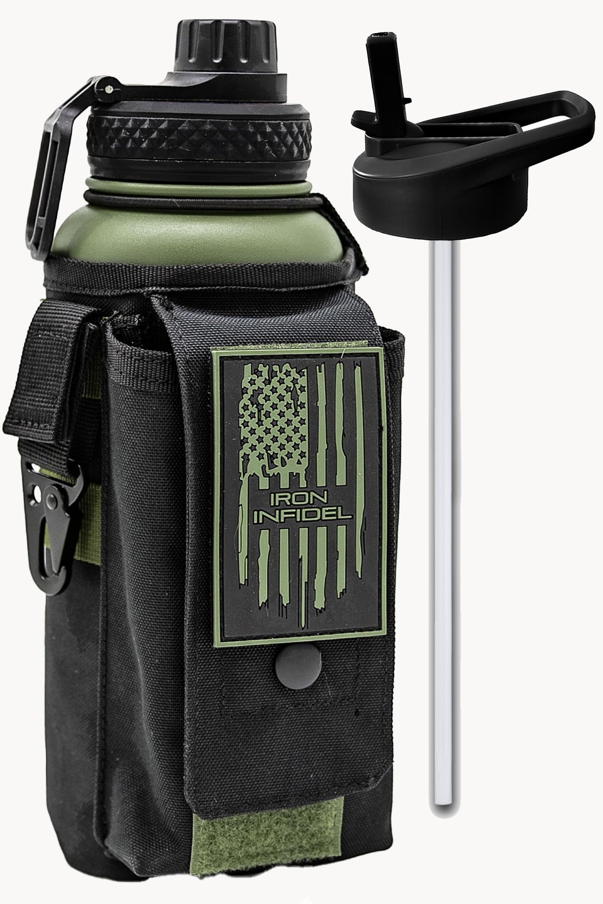 Iron Infidel Battle Bottle - Half Gallon Insulated Stainless Steel Water Jug with Handle - Gym Bottle for Men with Rugged Sleeve (Overland 2 Liter)