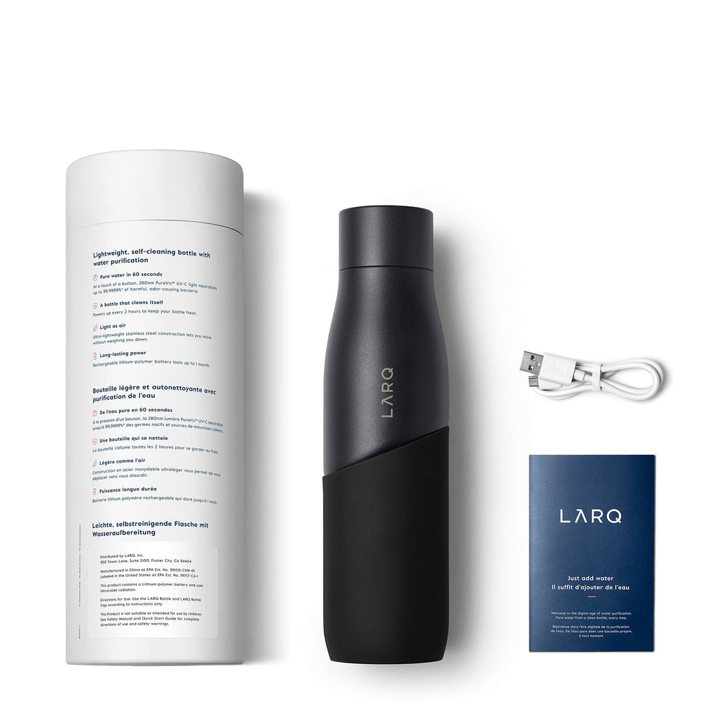 LARQ Bottle Movement PureVis 24 oz- Lightweight Self-Cleaning and Non-Insulated Stainless Steel Water Bottle with UV Water Purifier | Reusable & Travel Friendly, Black/Pine